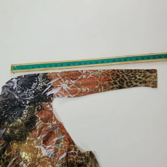 Daytrip Womens Boho Leopard Print Knit Top Sz S Brown Sequin V-Neck Slimming - Picture 8 of 8